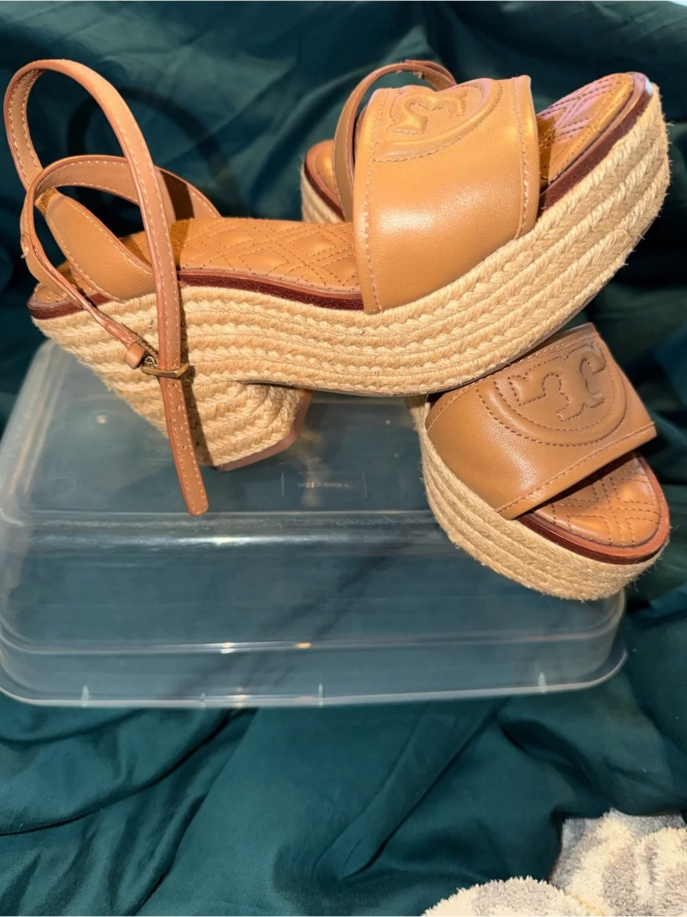 Tory Burch Tan Leather Espadrille Wedge Sandals - Picture 3 of 13